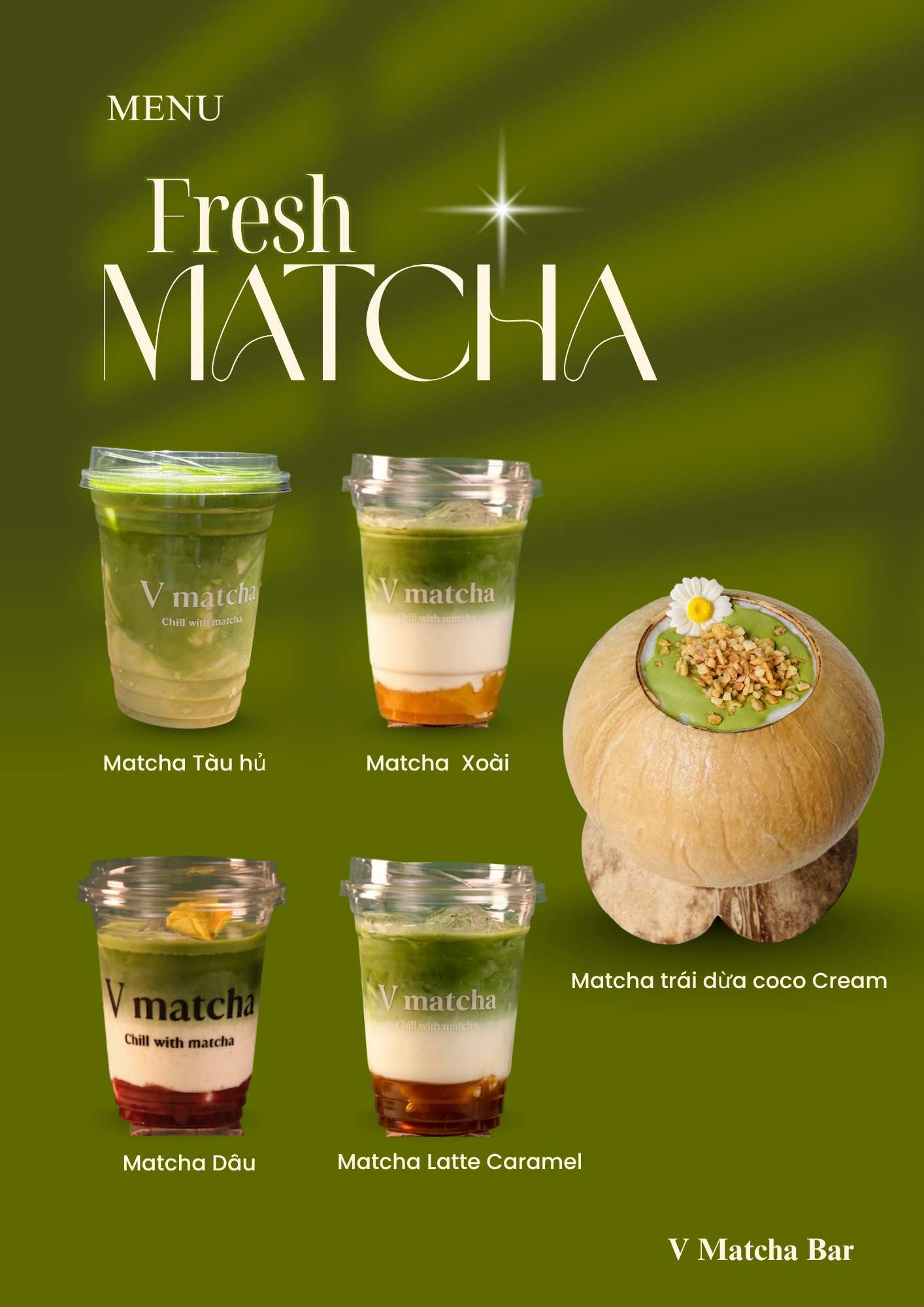 Fresh Matcha menu — Tàu hủ, Xoài, Dâu, Caramel, Coco Cream